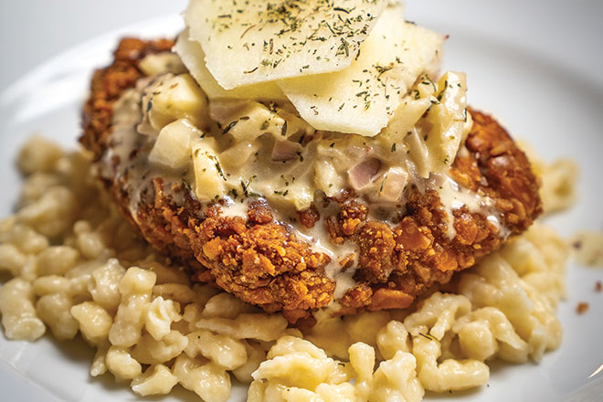 Pretzel-Crusted Pheasant Cutlets with Apple-Cream Sauce and Spätzle